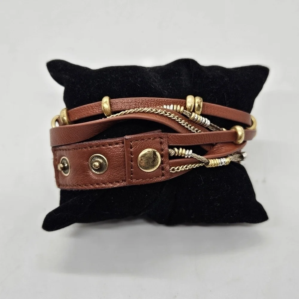 Stella & Dot brown faux leather wrap bracelet with gold and silver metal accents